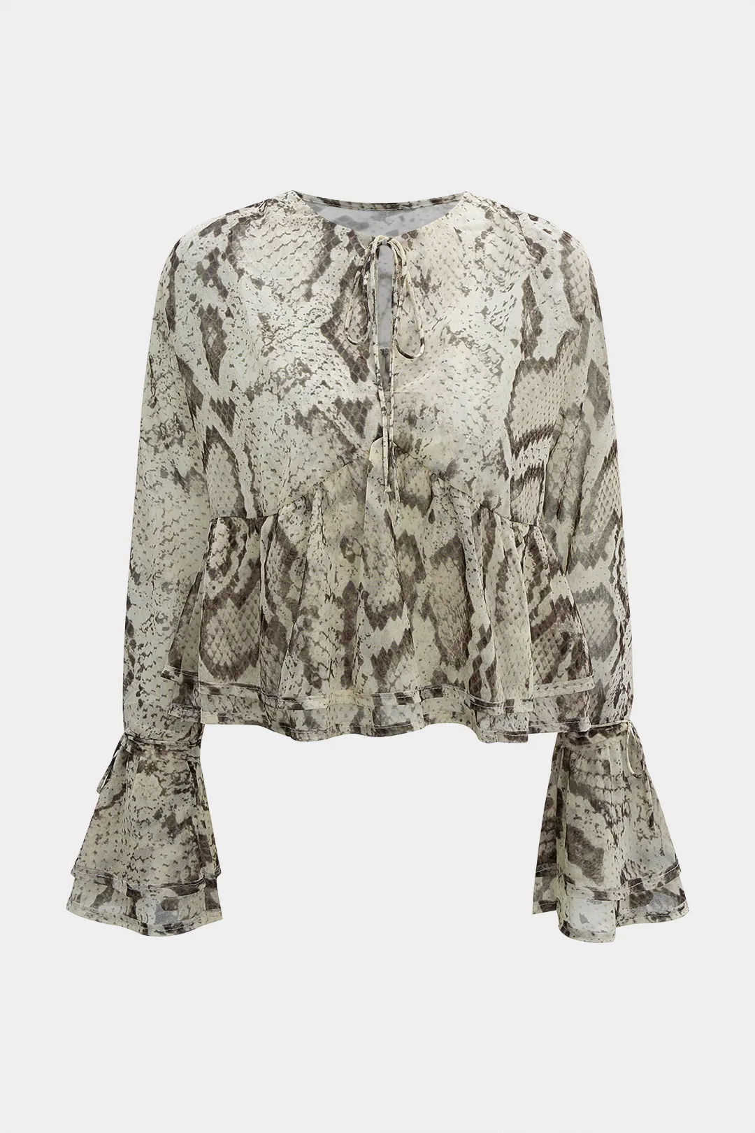 Snake Skin Print Chiffon Ruffle Strappy Long-Sleeve Top sold by Micas