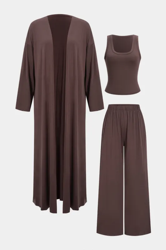 Knit Basic Tank Top And Long Cardigan And Wide Leg Trousers Set sold by Micas