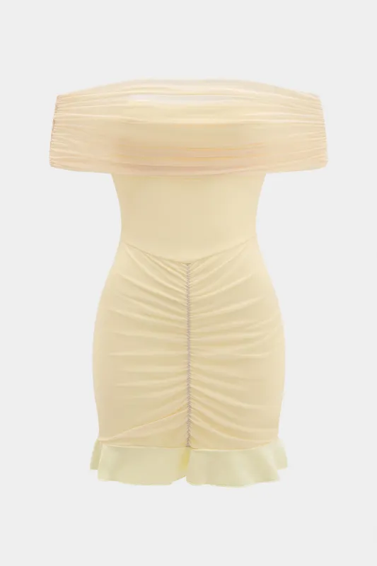 Mesh Off Shoulder Ruffle Hem Ruched Sleeveless Midi Dress sold by Micas