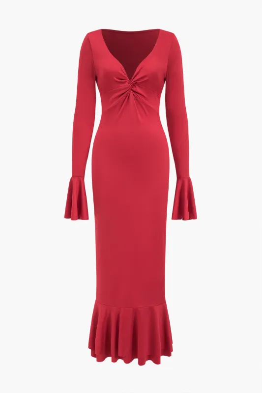 V-Neck Twist Knot Ruched Ruffle Long Sleeve Maxi Dress sold by Micas