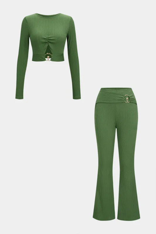 Metallic Decor Ribbed Cut Out Long Sleeve Top And Flared Pants Set sold by Micas