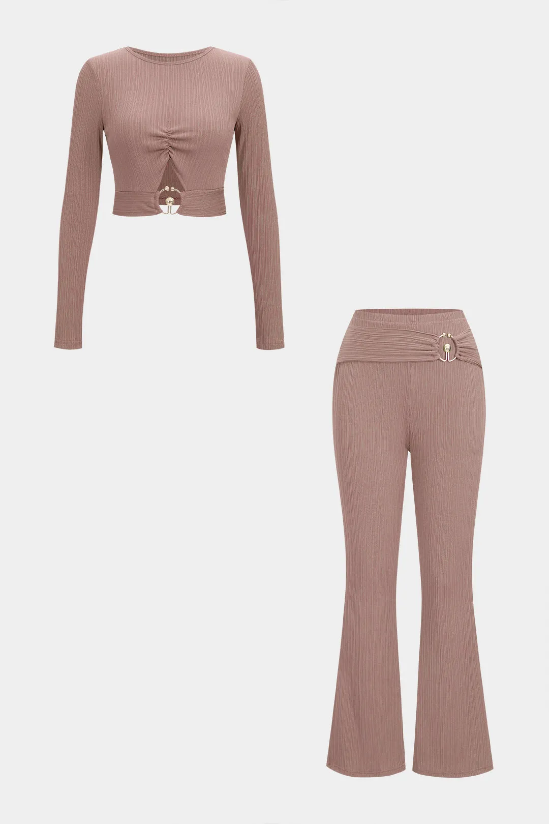 Metallic Decor Ribbed Cut Out Long Sleeve Top And Flared Pants Set sold by Micas product image thumbnail 5