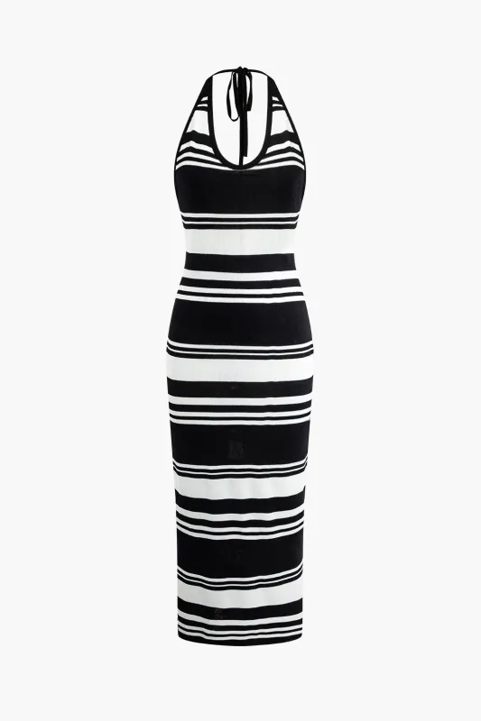 Knit Stripes Print Contrast Halter Neck Tie Up Backless Sleeveless Dress made by Micas