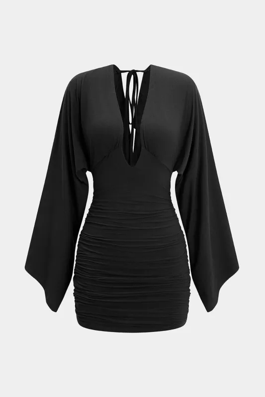 V-Neck Tie Back Backless Batwing Long Sleeve Mini Dress made by Micas