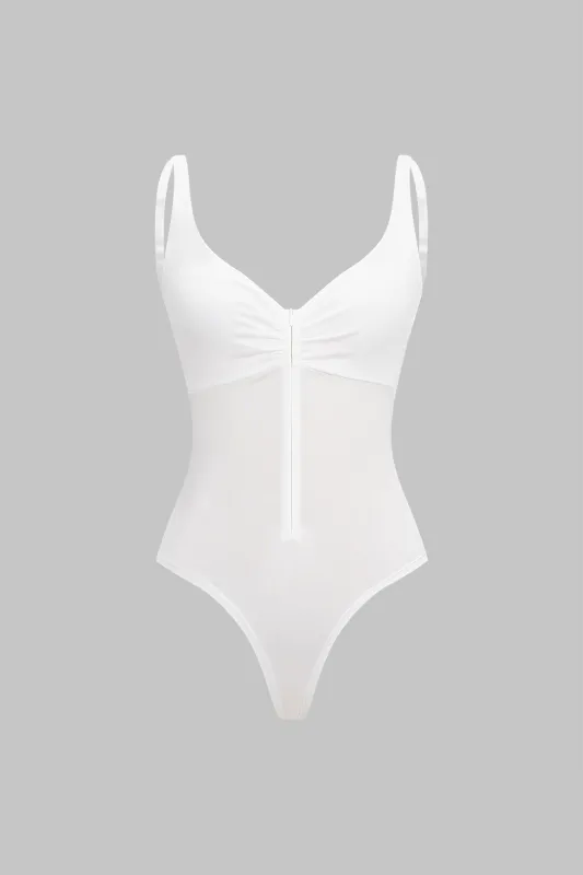 Low V-Neck Ruched Zipper Backless Sleeveless Bodysuit made by Micas