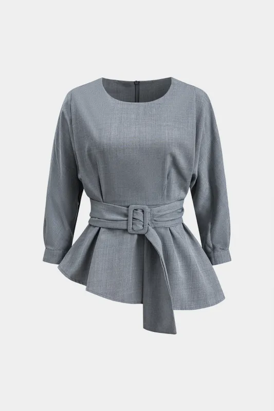 Round Neck Ruched Belted Long-Sleeve Shirt made by Micas