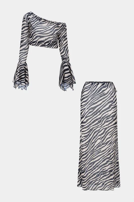 Mesh Zebra Stripe Print Single Shoulder Bell Sleeve Top And Skirt Set made by Micas