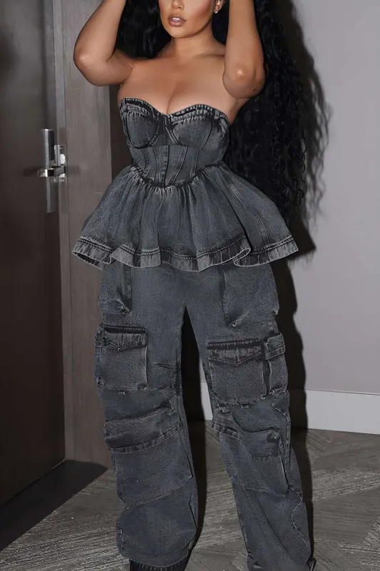 Denim Ruched Zipper Tube Top made by Micas