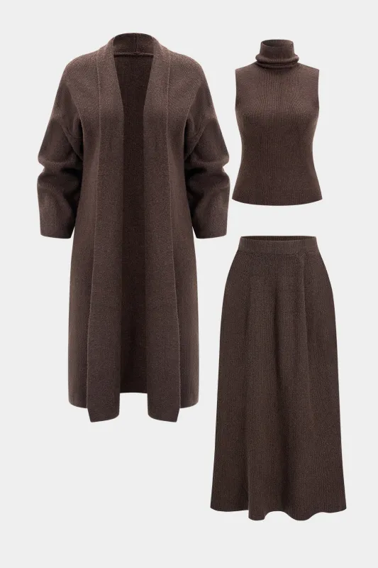 Knit Ruched Long Cardigan And Mock Neck Tank Top And Skirt Set sold by Micas