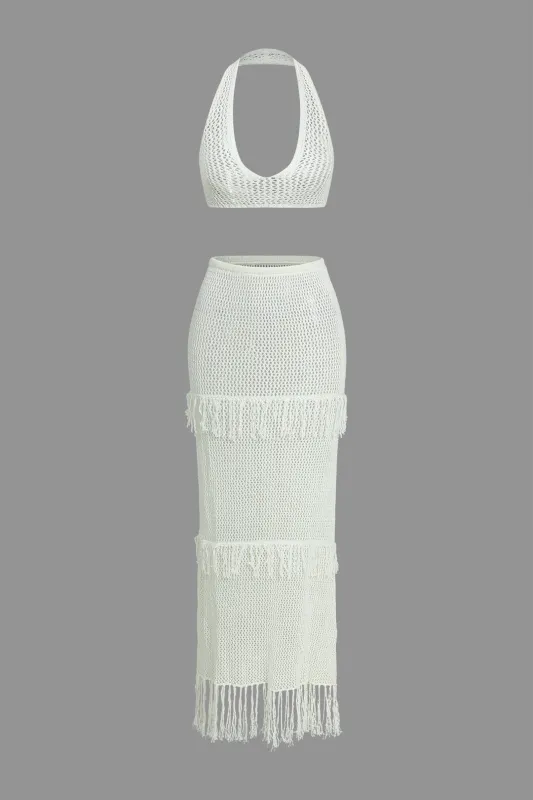 Knit Halter Neck Cut Out Cami Top And Fringe Skirt Set made by Micas