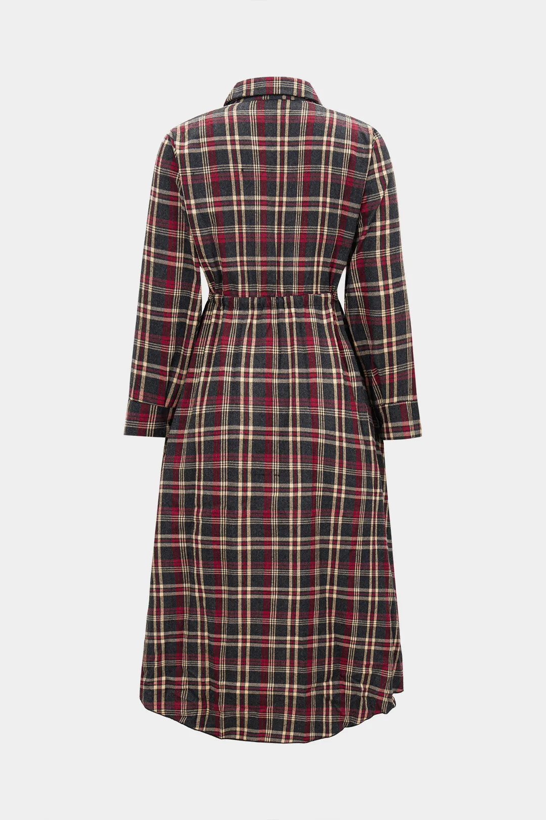 Plaid Print Button Drawstring Asymmetrical Long Sleeve Midi Dress sold by Micas product image thumbnail 2