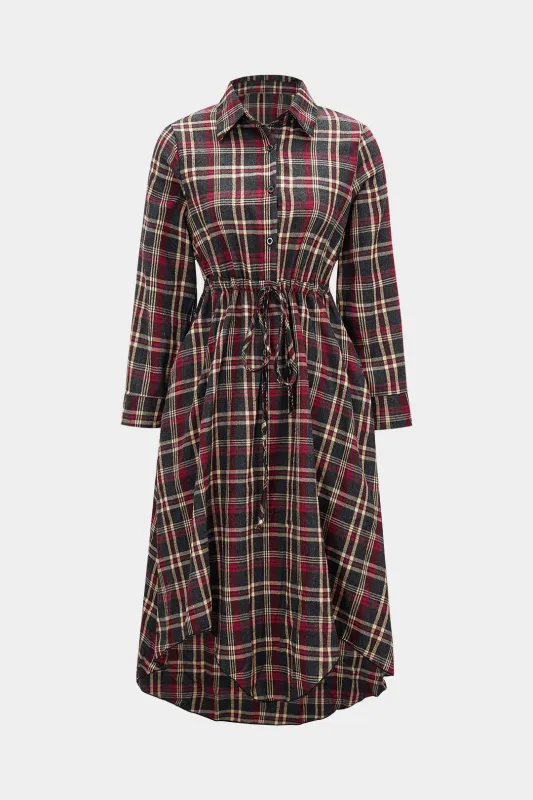 Plaid Print Button Drawstring Asymmetrical Long Sleeve Midi Dress sold by Micas