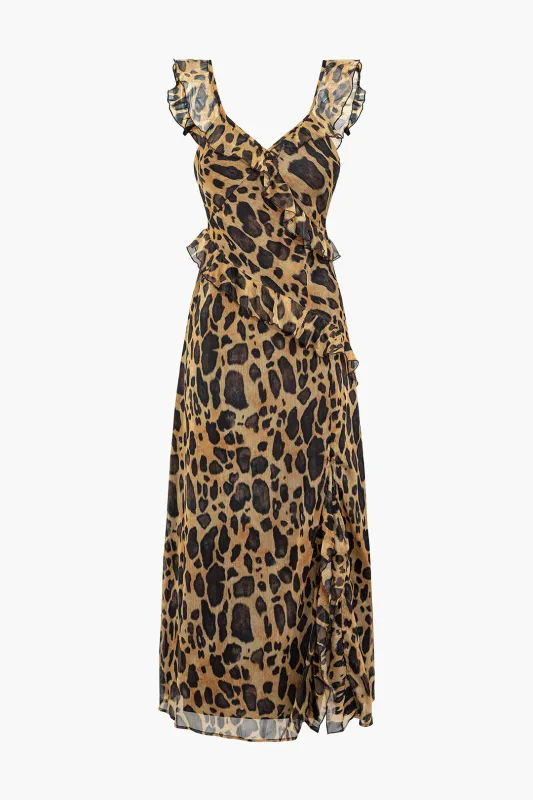 Chiffon Leopard Print Ruffle Sleeveless Midi Dress sold by Micas