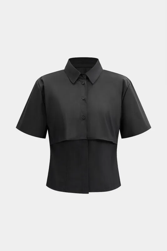 Solid Lapel Double Layer Button Short-Sleeve Shirt made by Micas