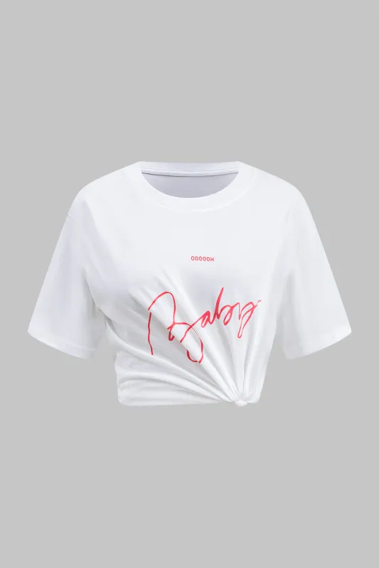 Letter Print Round Neck Short Sleeve T-Shirt sold by Micas