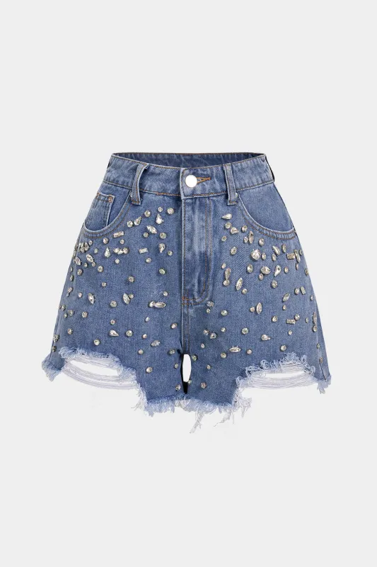 Denim Rhinestone Decor Pocket Ripped Shorts sold by Micas