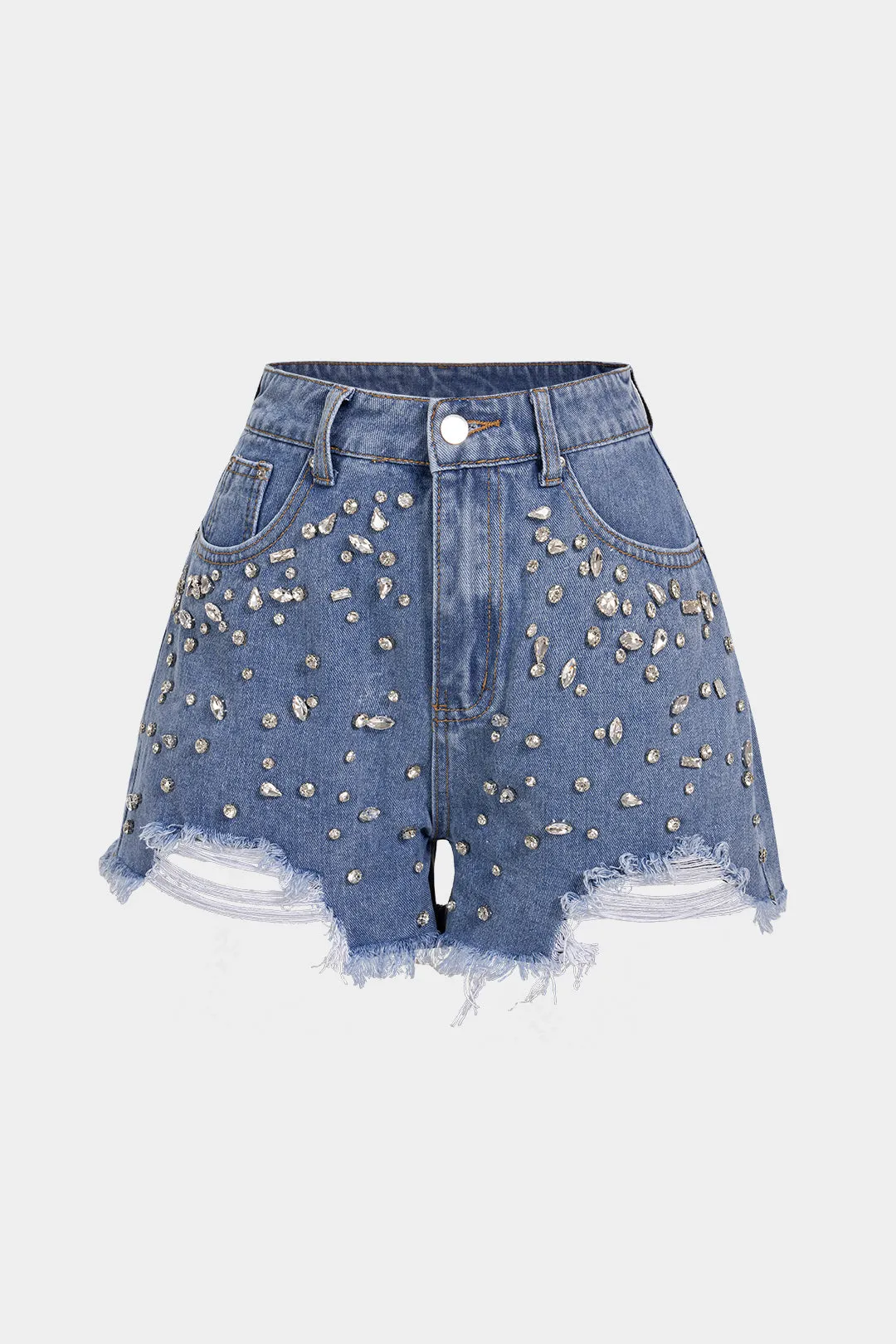 Denim Rhinestone Decor Pocket Ripped Shorts sold by Micas