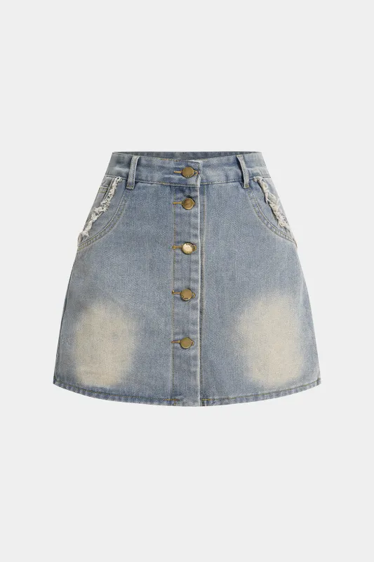 Denim Frayed Pocket High Waist Skirt sold by Micas