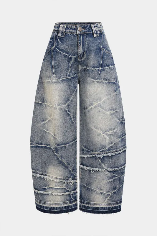 Denim Asymmetrical Frayed Wide Leg Jeans sold by Micas