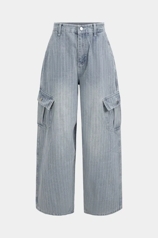 Denim Striped Pocket Wide Leg Jeans sold by Micas