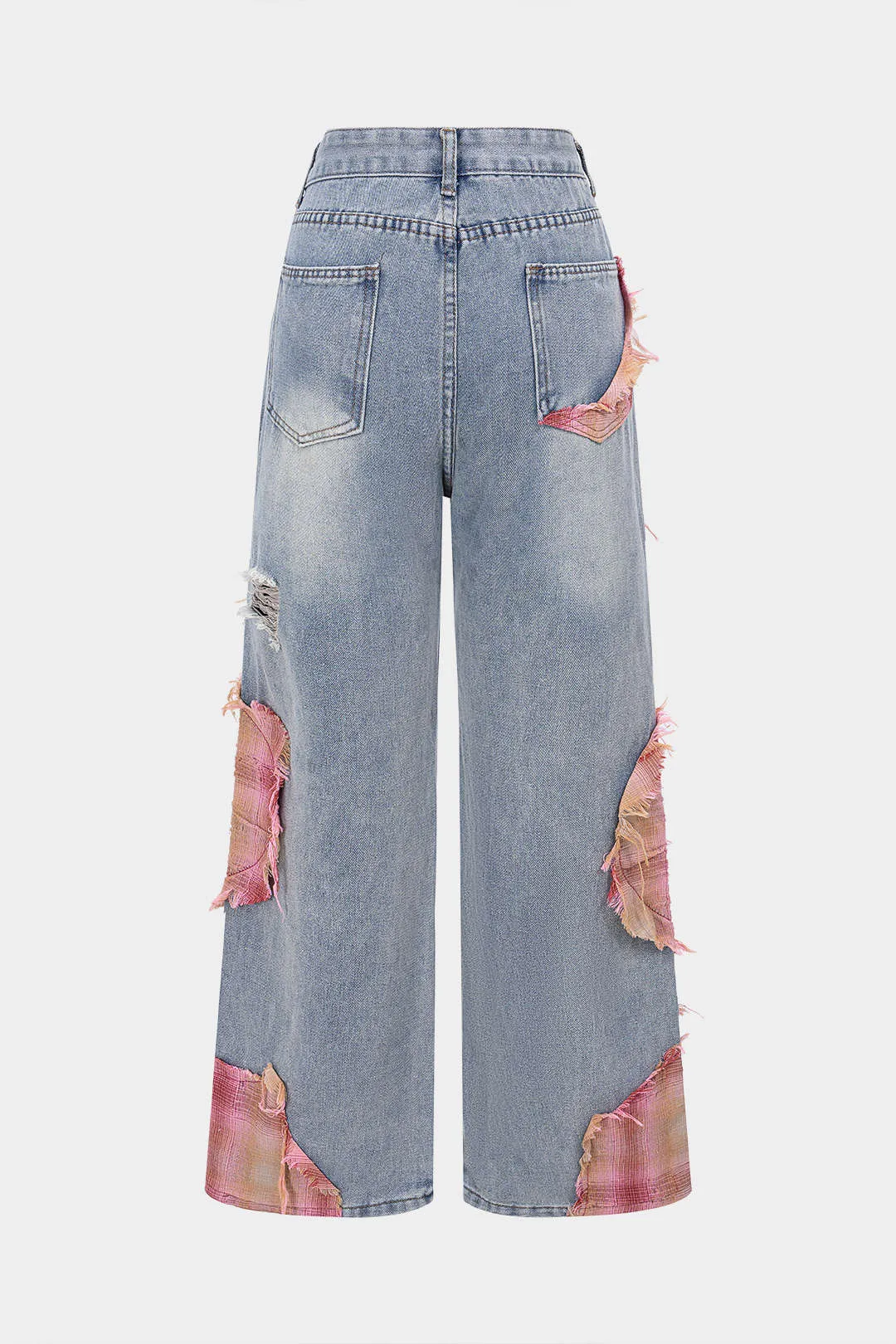 Denim Patchwork Plaid Print Asymmetrical Ripped Wide Leg Jeans sold by Micas product image thumbnail 2