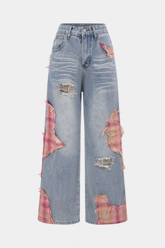 Denim Patchwork Plaid Print Asymmetrical Ripped Wide Leg Jeans sold by Micas
