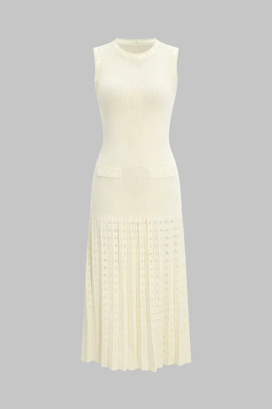 Knit Round Neck Hollow Out Pearls Decor Sleeveless Dress sold by Micas