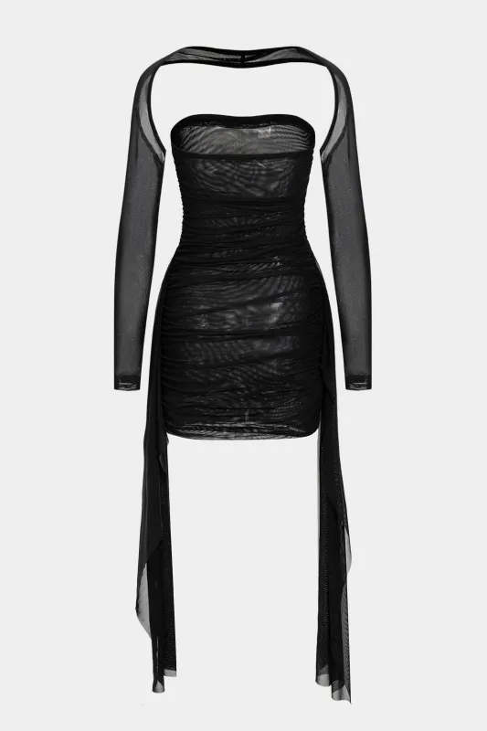 Sheer Mesh Ruched Strapless Midi Dress With Long Sleeve Overlay sold by Micas