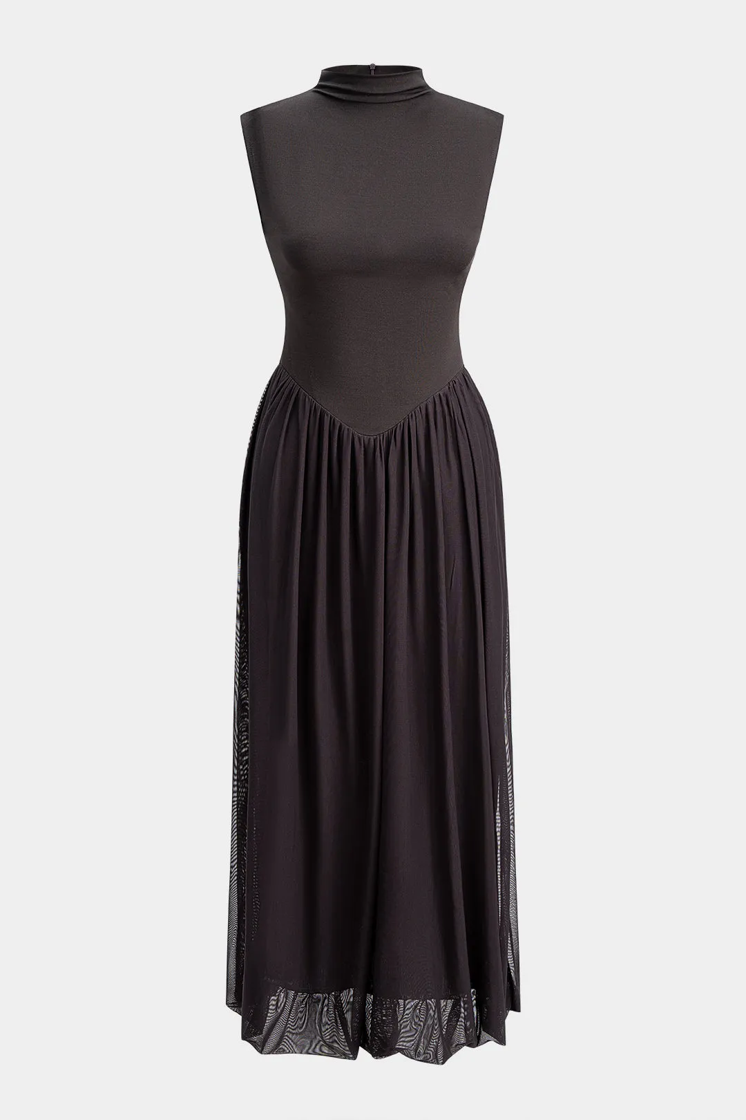 Patchwork Mesh Mock Neck Ruched Sleeveless Midi Dress sold by Micas