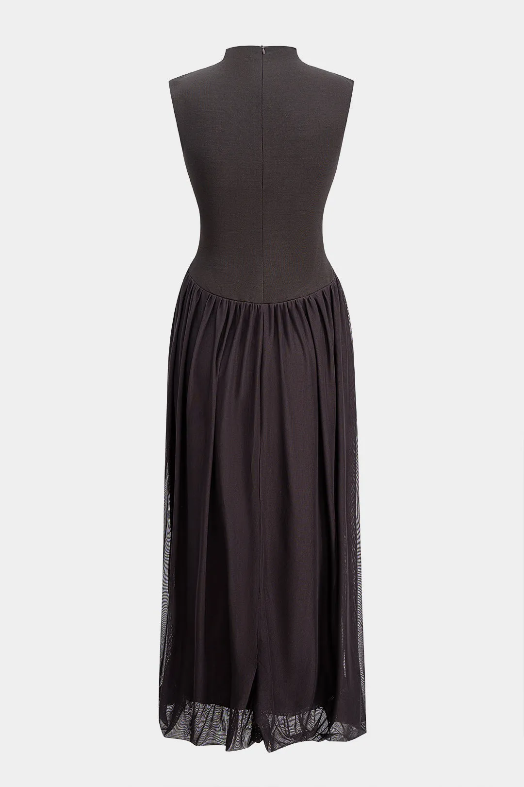 Patchwork Mesh Mock Neck Ruched Sleeveless Midi Dress sold by Micas product image thumbnail 2