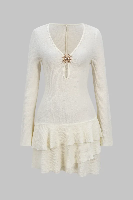 V-Neck Metallic Decor Cut Out Ruffle Hem Long Sleeve Mini Dress made by Micas