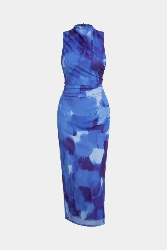 Artistic Print Mock Neck Ruched Sleeveless Maxi Dress sold by Micas