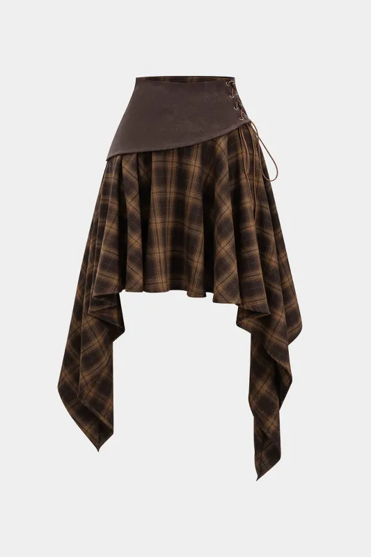 Plaid Print Faux Leather Patchwork Tie-Up Skirt made by Micas