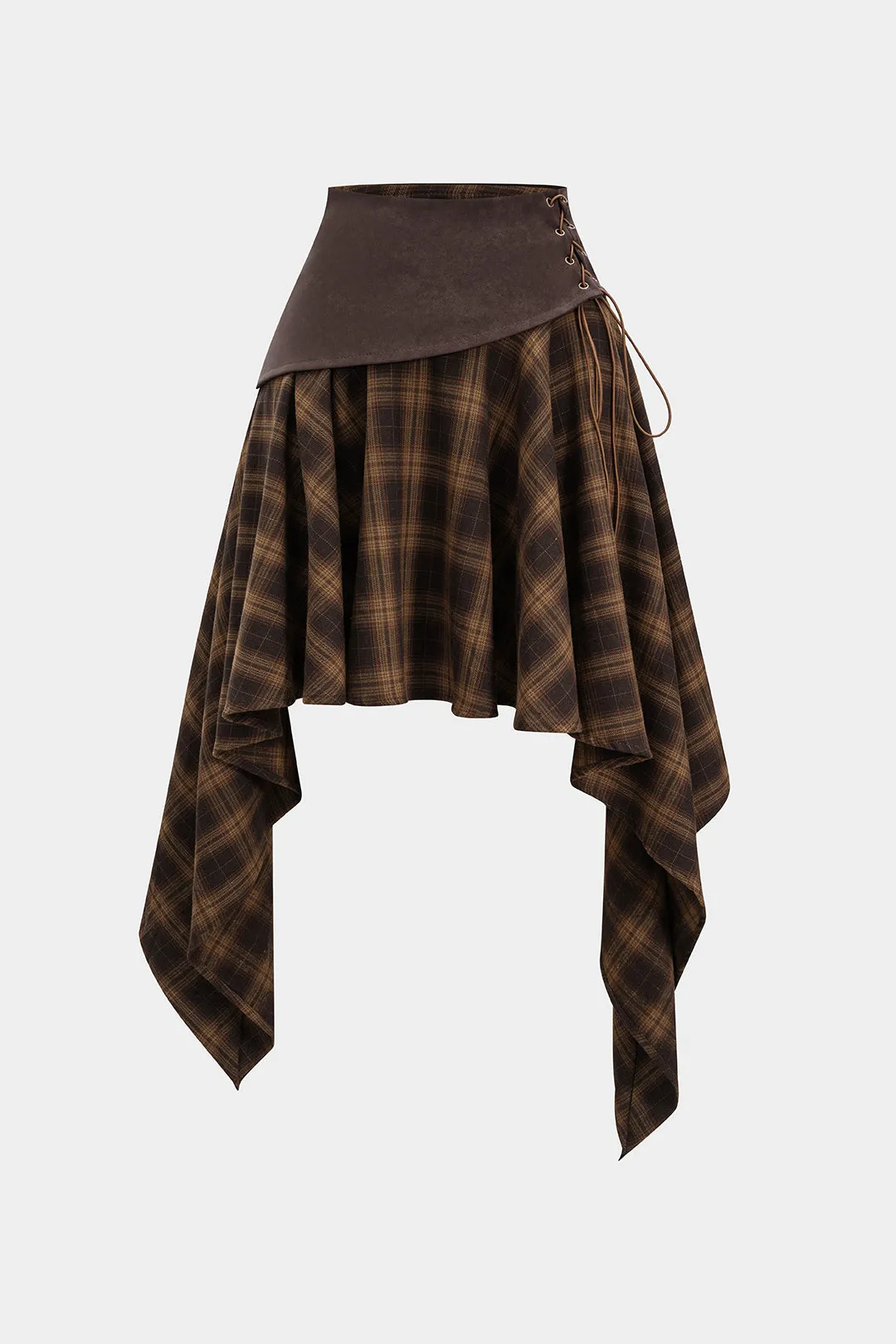 Plaid Print Faux Leather Patchwork Tie-Up Skirt sold by Micas