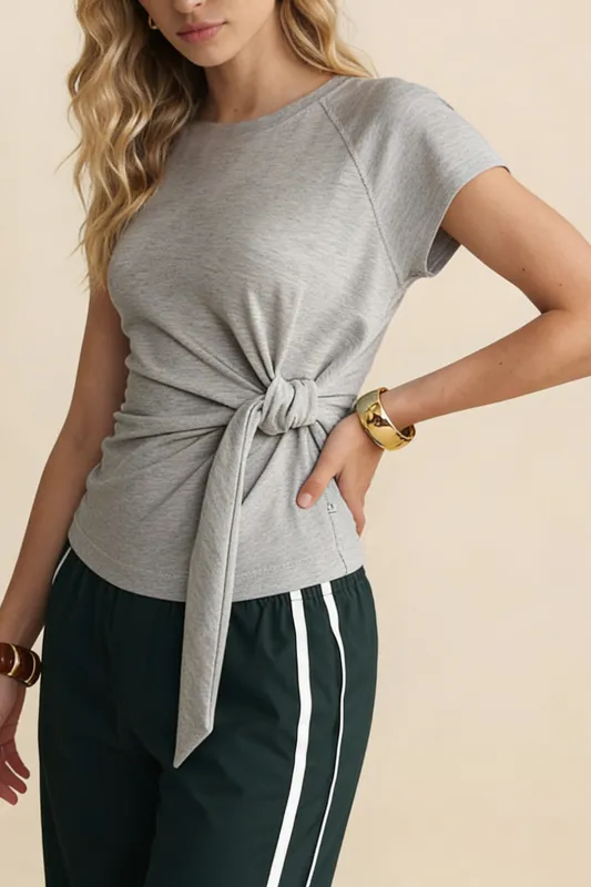 Round Neck Tie Front Ruched Short Sleeve T-Shirt sold by Micas