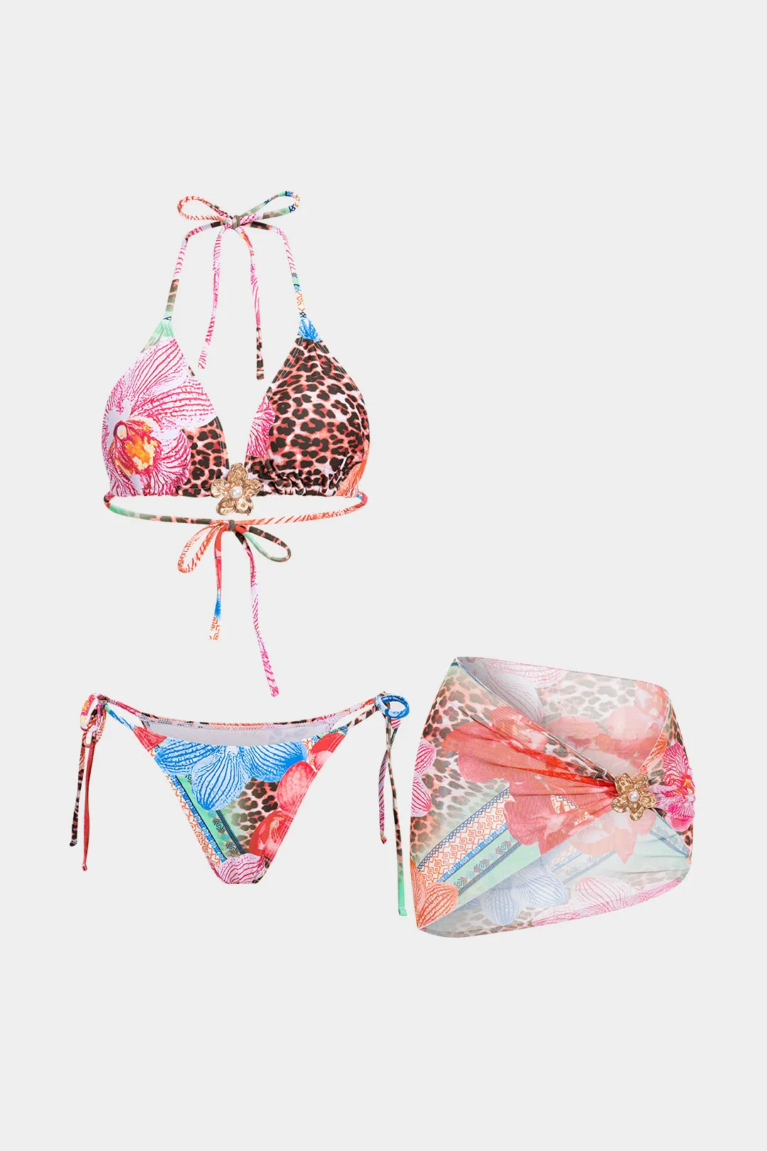 Floral Print Mesh Tie-Up Bikini Set sold by Micas