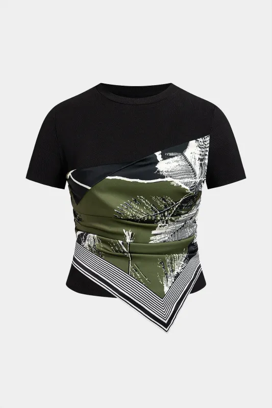 Plus Size Floral Print Patchwork Round Neck Short Sleeve T-Shirt sold by Micas