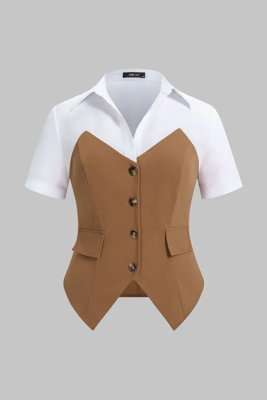 Plus Size Contrast Button Short Sleeve Shirt made by Micas