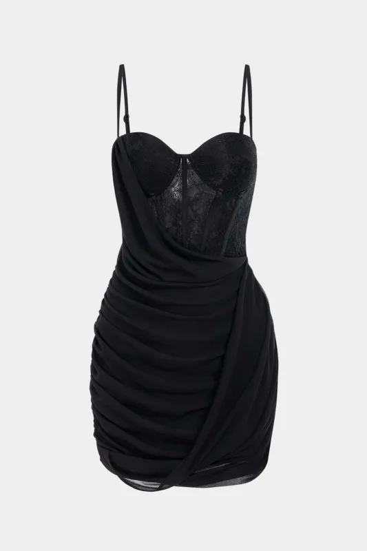 Chiffon Patchwork Lace Corset Asymmetrical Ruched Sleeveless Mini Dress made by Micas