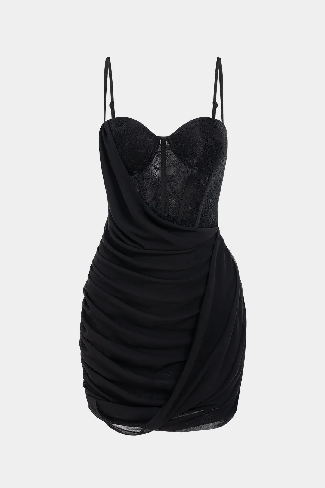 Chiffon Patchwork Lace Corset Asymmetrical Ruched Sleeveless Mini Dress sold by Micas