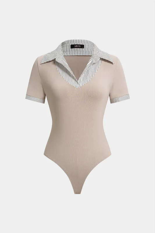 Striped Patchwork Lapel Short Sleeve Bodysuit sold by Micas