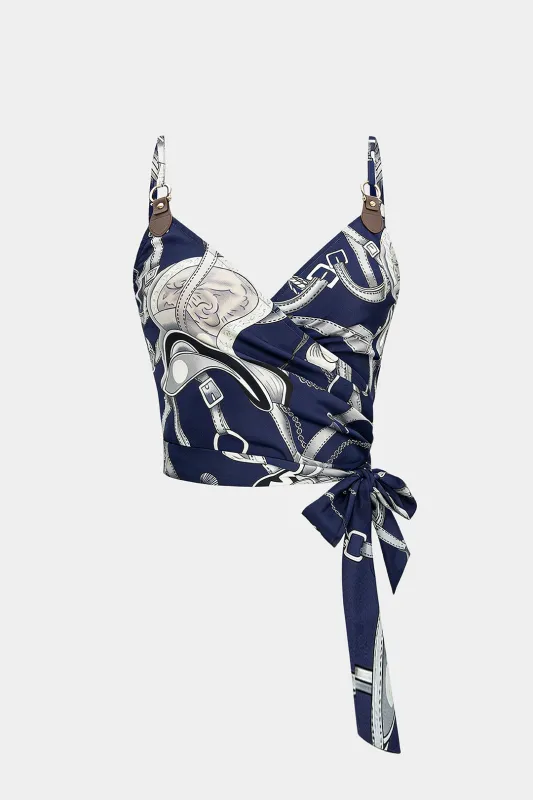 Abstract Print V-Neck Knotted Cami Top made by Micas