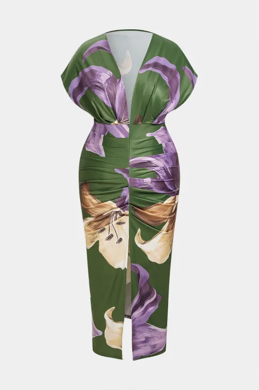 Plus Size Floral Print Deep V-Neck Ruched Sleeveless Midi Dress made by Micas