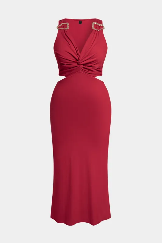 Plus Size Metallic V-Neck Twist Knot Cut Out Sleeveless Maxi Dress made by Micas