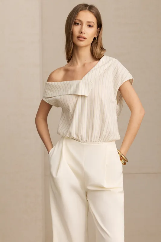 Stripes Print One Shoulder Asymmetrical Lapel Short Sleeve Bodysuit made by Micas