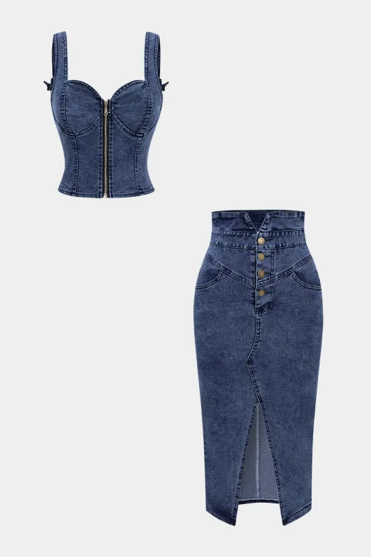 Denim Zipper Cami Top And Pocket Button Skirt Set sold by Micas