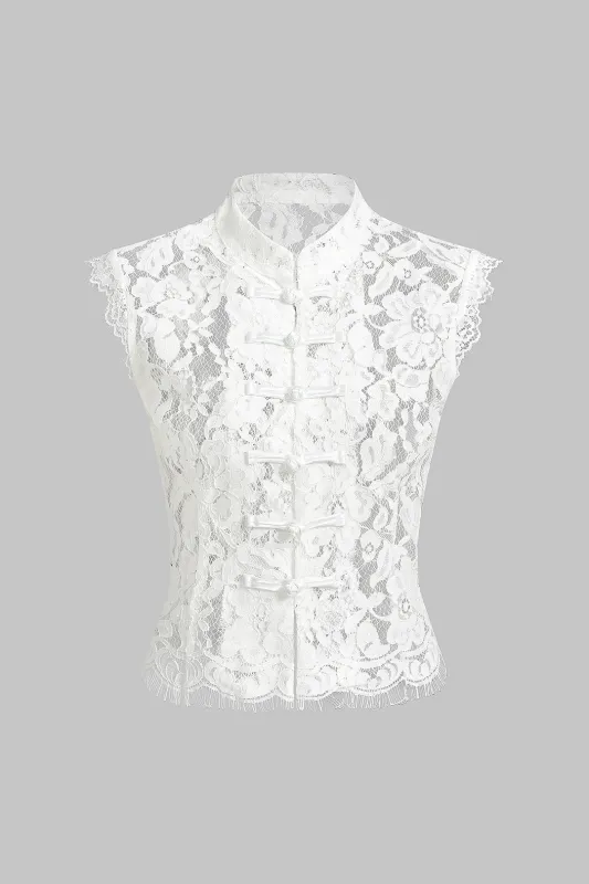 Lace Mock Neck Button Hollow Out Tank Top made by Micas