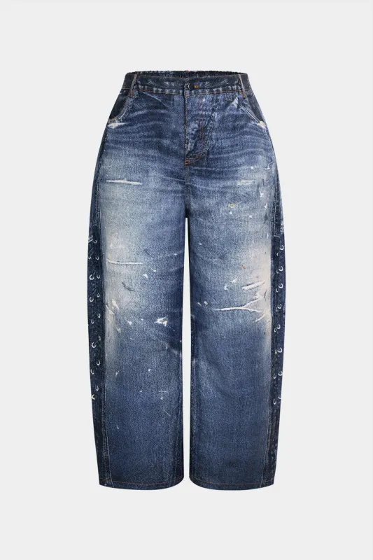 Plus Size Denim Print Asymmetrical Pants made by Micas