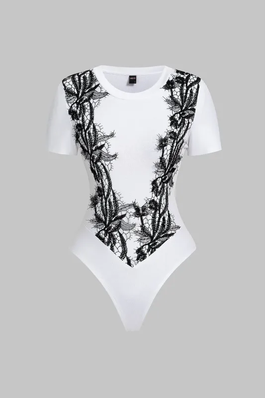 Patchwork Lace Trim Round Neck Short Sleeve Bodysuit sold by Micas