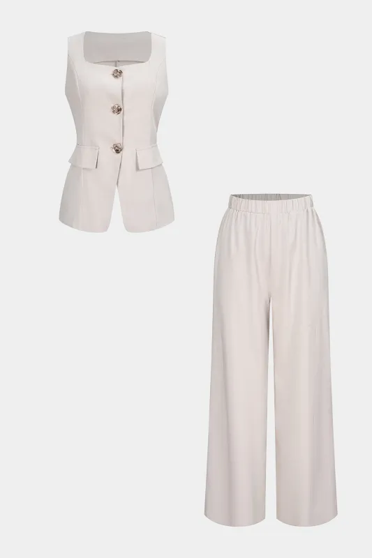 Square Neck Metallic Button Tank Top And Wide Leg Pants Set made by Micas